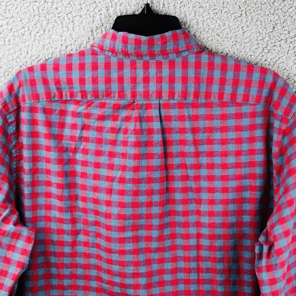 J CREW Shirt Mens L Blue Red Classic Fit Button Secret Wash Organic Cotton